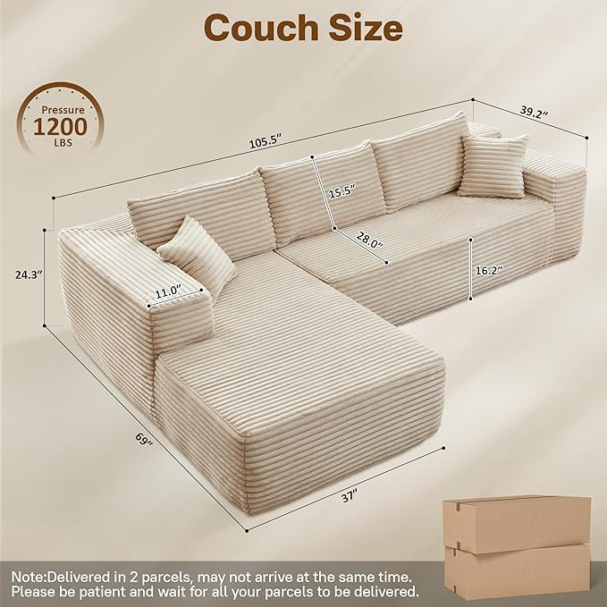 104" Cloud Sectional Couches for Living Room,L Shaped Boneless Couch in A Box,Sleeper Sofa with Comfy Chaise No Assembly Required,Beige-HomvellaHome