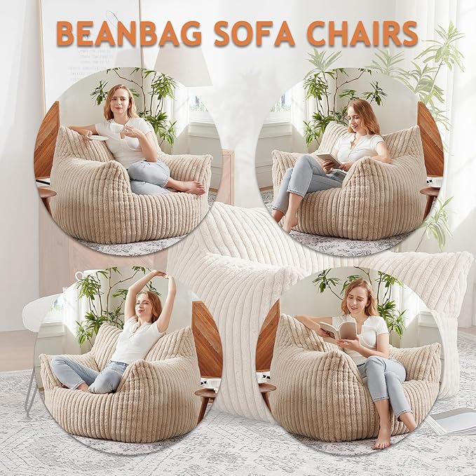 Giant Bean Bag Chairs for Adults with Filling Plush Fluffy Bean Bag Chairs for Teens with Armrests Comfy BeanBag Lazy Couch Sofa Chair for Bedroom Living Room Reading-HomvellaHome