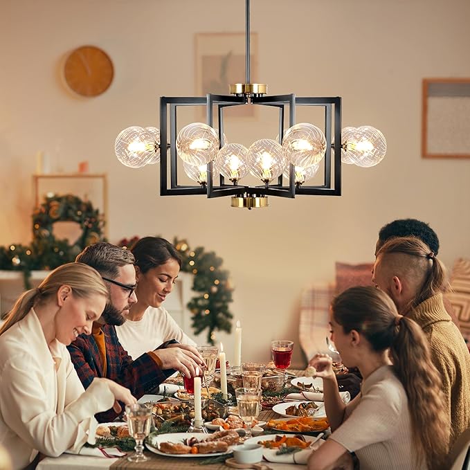 12 Light Black Farmhouse Chandelier Geometric Metal Dining Room Light Fixture Height Adjustable Black Chandeliers for Dining Room Clear Glass Farmhouse Industrial Pendant Lights for Bedroom, Entryway-HomvellaHome