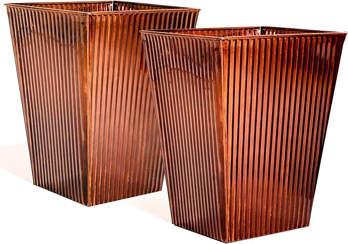 18in Vintage Handmade Metal Vertical Lines Copper Tapered Planters Set of 2, Galvanized Steel Planter Box with Drainage Hole for Indoor/Outdoor/Porch/Garden-HomvellaHome