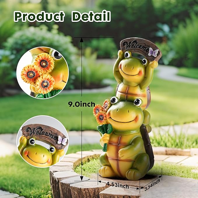 Garden Turtle Outdoor Statues, Solar Garden Statue Two Sweet Frog Face Turtles Decor with 3 LED Lights, Unique Art Resin Gifts for Patio Lawn Porch Yard-HomvellaHome