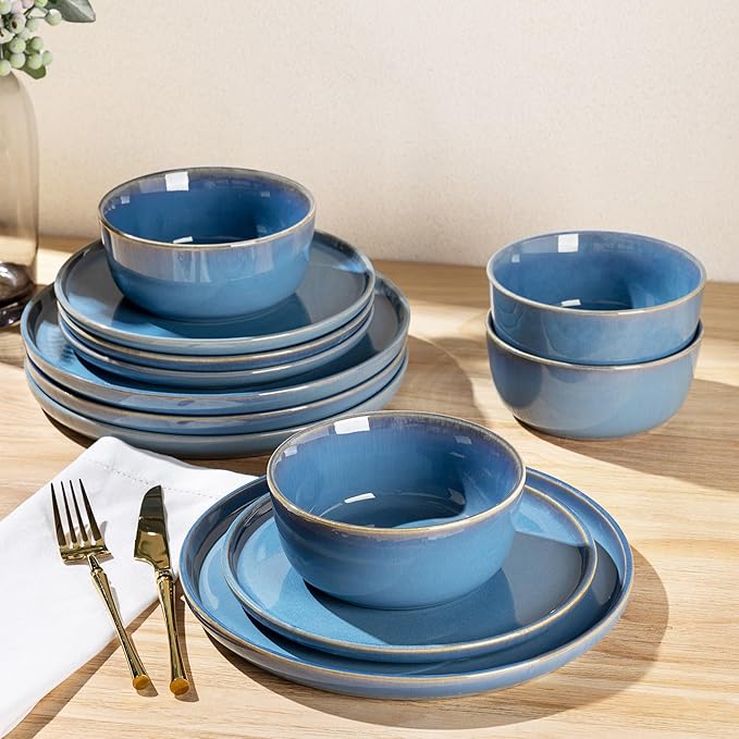 GBHOME Ceramic Dinnerware Sets for 4, 12 Pieces Stoneware Plates and Bowls Sets, Reactive Glaze Dishes -Scratch Resistant, Dishwasher&Microwave Safe-Alaskan Blue-HomvellaHome