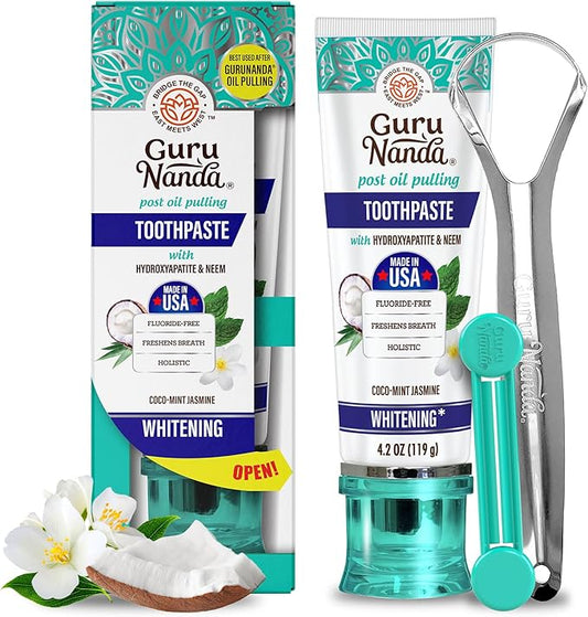 GuruNanda Hydroxyapatite Toothpaste, SLS & Fluoride Free, Whitening Toothpaste - Freshens Breath, Fights Plaque - Natural CocoMint Jasmine Neem, 4.2oz-HomvellaHome