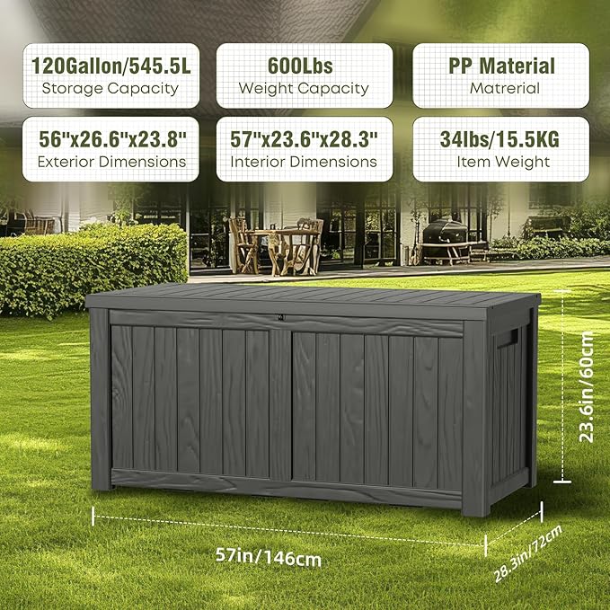 120 Gallon Deck Box,Resin Outdoor Storage Box with Lockable for Patio Furniture, Pool Accessories, Garden Tools Waterproof Outside Storage Box, Black-HomvellaHome