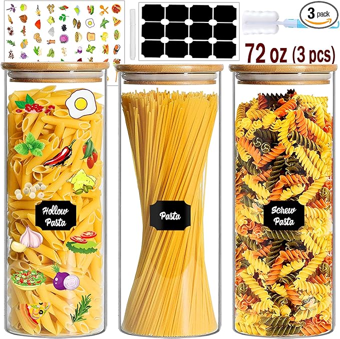 Glass Jars with Bamboo Lids, 72oz 3Pcs Kitchen Glass Containers with Bamboo Lids, Airtight Glass Pantry Storage Containers with Lids for Spaghetti, Pasta, Rice, Nuts, Flour, Bean, Dry Foods-HomvellaHome