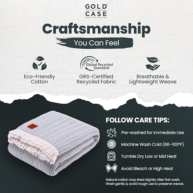 Gold Case Throw Blanket for Bed – 100% Recycled Turkish Cotton Bed Blanket – Decorative Throw Cotton Blankets for Living Room & Bedroom – Vintage Grey Woven Queen Blankets – 90x90-HomvellaHome