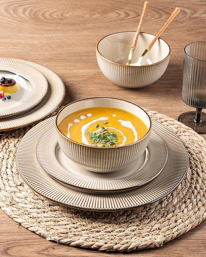 GBHOME Ceramic Dinnerware Sets,12 pcs Embossed Elegant Stoneware Plates and Bowls Sets, Housewarming Wedding Gift | Dishwasher & Microwave Safe | Dishes Set Service for 4-HomvellaHome