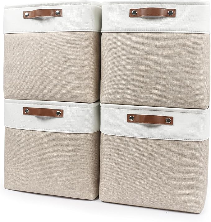 13x13 Cube Storage Bins, Collapsible Fabric Storage Box, 4 Pack Closet Baskets with Handles for Organizing, Shelf, Toys, Clothes, Home, Office, Nursery (Beige&White)-HomvellaHome