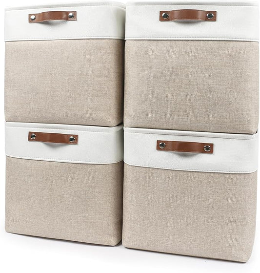 13x13 Cube Storage Bins, Collapsible Fabric Storage Box, 4 Pack Closet Baskets with Handles for Organizing, Shelf, Toys, Clothes, Home, Office, Nursery (Beige&White)-HomvellaHome