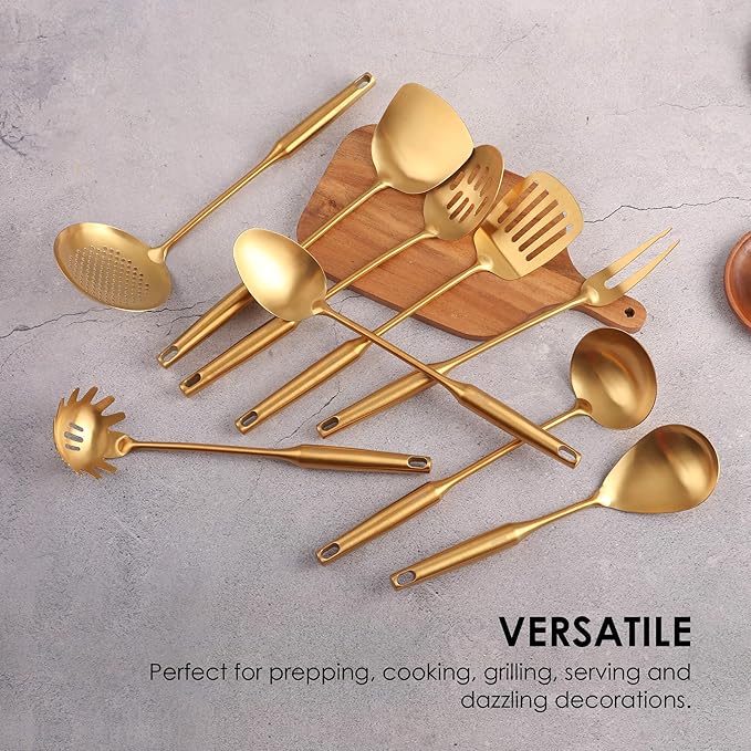 Gold Kitchen Utensils Set - 18/10 Stainless Steel Cooking Tools, 15" All Metal Serving Utensils with Fork, Solid/Slotted Spoon, Spatula, Ladle, Skimmer, Tunner, Pasta Spoon, Large Spoon, Set of 9-HomvellaHome