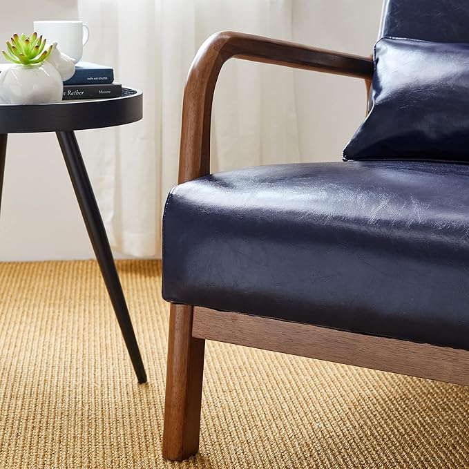 Glitzhome 2 Set Mid Century Navy Blue Accent Armchair, Single Reading Armchair PU Leather Lounge Chair with Walnut Ruberwood Frame-HomvellaHome