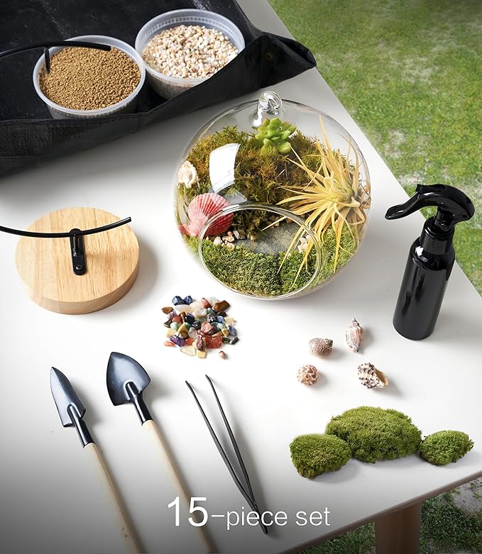 15-Piece Terrarium Kit with Live Moss – DIY Glass Globe Set with Tools, Soil, Stones & Spray Bottle – Indoor Mini Garden Gift for Plant Lovers, Home Decor & Zen Craft-HomvellaHome
