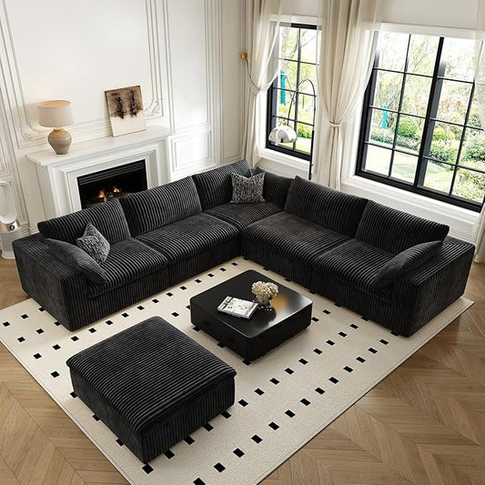 118" Cloud Couch Oversized Modular Sectional Sofa for Living Room,Modern Sofa with Deep Seat，6 Seater Boneless Couch,Comfy Upholstered Corduroy Couches for Apartment, Studio, Office,Bedroom，Black-HomvellaHome