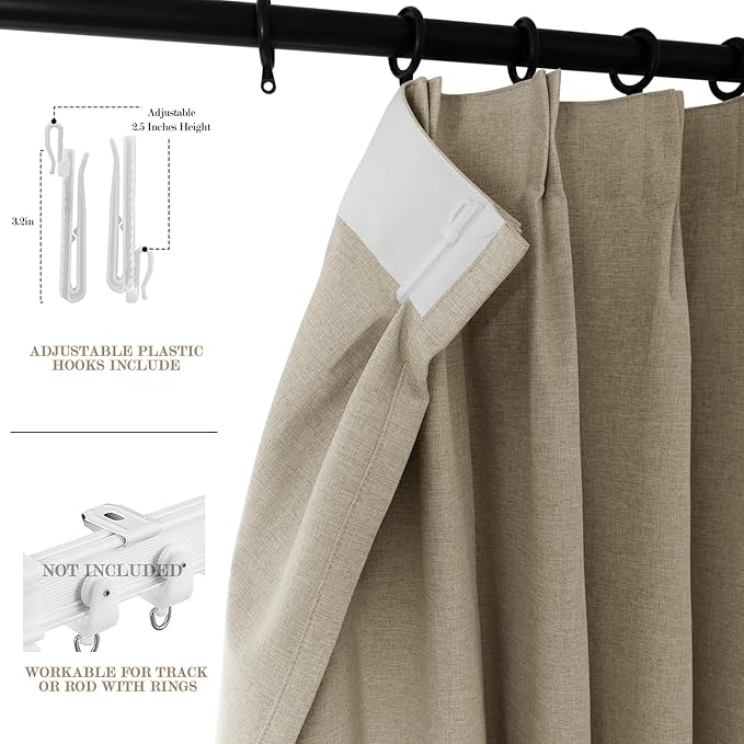 100% Blackout Linen Textured Drapes for Bedroom Pinch Pleated Curtains for Track System Portable Drapery for Sliding Glass Door/Storage/Space Room Divider, 70" Wx96 L, 1 PC, Light Khaki-HomvellaHome
