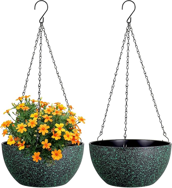 10 inch Hanging Planters for Indoor Outdoor Plants, 2 Pack Hanging Flower Pots with Drainage Holes and Chain for Garden, Plastic Hanging Baskets for House Plants, Black with Green Speckles-HomvellaHome