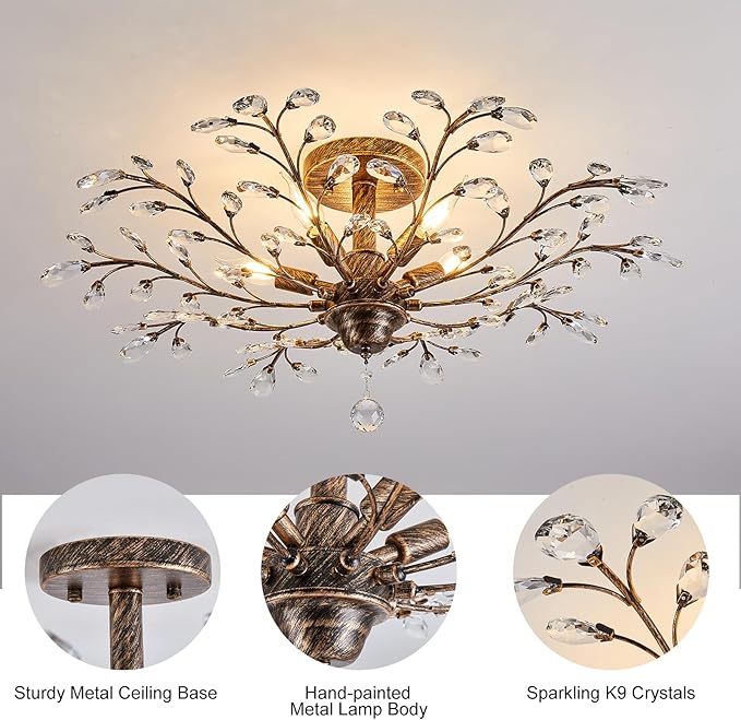 Ganeed Vintage Crystal Chandelier, Modern Bronze Branches Ceiling Light Fixture with 5-Light Heads for Farmhouse Living Room Dinning Room Kitchen Over Table Hallway-HomvellaHome