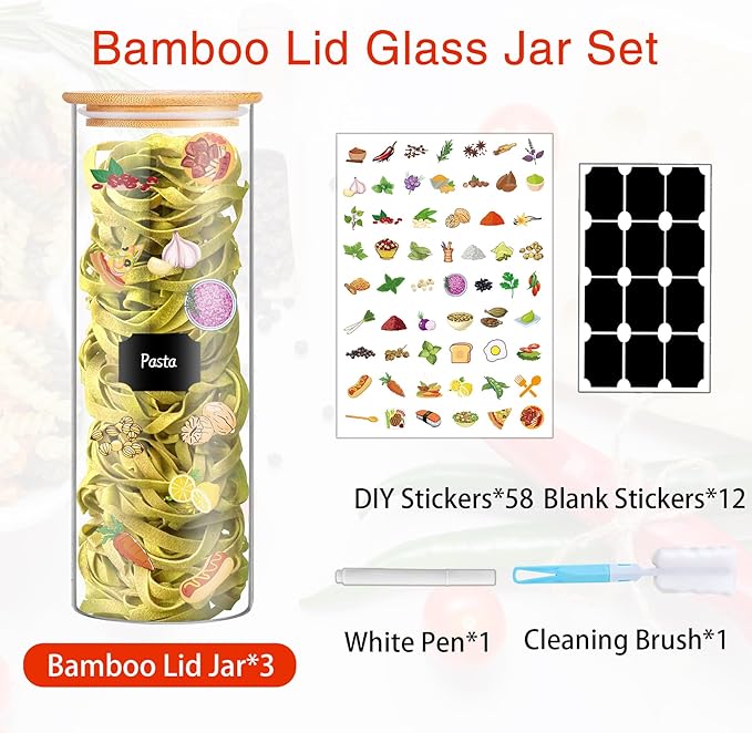 Glass Jars with Bamboo Lids, 72oz 3Pcs Kitchen Glass Containers with Bamboo Lids, Airtight Glass Pantry Storage Containers with Lids for Spaghetti, Pasta, Rice, Nuts, Flour, Bean, Dry Foods-HomvellaHome