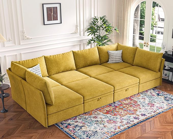 136.4" Oversized Modular Sectional Sleeper Sofa Bed, U Shaped Convertible Couch with Movable Ottoman, Large 8 Seat Corner Couches for Living Room Deep Seat Yellow Chenille-HomvellaHome