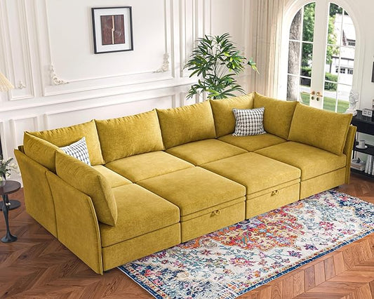 136.4" Oversized Modular Sectional Sleeper Sofa Bed, U Shaped Convertible Couch with Movable Ottoman, Large 8 Seat Corner Couches for Living Room Deep Seat Yellow Chenille-HomvellaHome