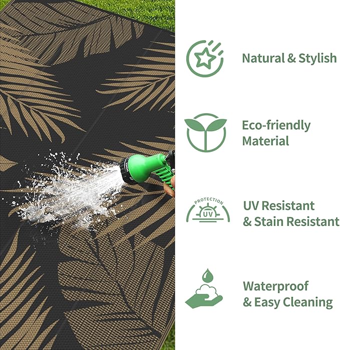 GENIMO Outdoor Rug 3' x 5' Waterproof for Patios Clearance, Reversible Outdoor Plastic Straw Camping Rug Carpet, Large Area Rugs Mats for RV, Camper, Deck, Balcony, Porch, Beach, Picnic, Black&Brown-HomvellaHome