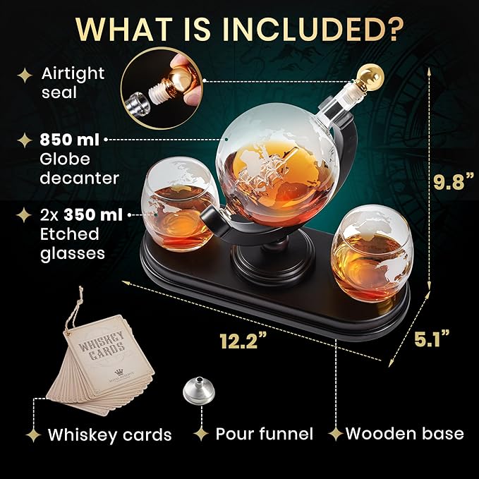 Globe Whiskey Decanter Gift Set by Royal Reserve | Etched World Map Globe Decanter 29 oz 850 ml with Glasses for Bourbon, Liquor – Whiskey Gifts for Men Dad Boyfriend Husband-HomvellaHome