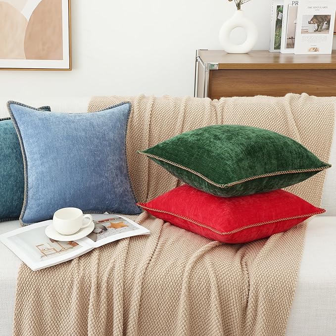 decorUhome Chenille Soft Throw Pillow Covers 18x18 Set of 2, Farmhouse Velvet Neutral Decorative Euro Pillow Covers with Stitched Edge for Couch Sofa Bed Home Decor, Red-HomvellaHome