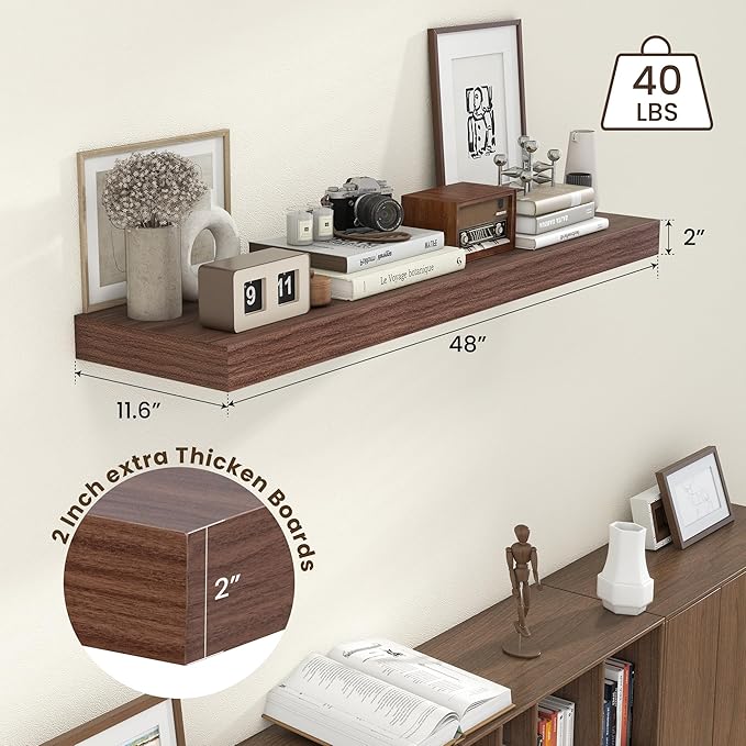 12 Inch Deep Floating Shelves, 48W x 12D Rustic Large Floating Shelves, Deep Walnut Wood Wall Shelves Set of 1 for Living Room Bathroom Laundry Room Bedroom Kitchen Home Office - Walnut-HomvellaHome