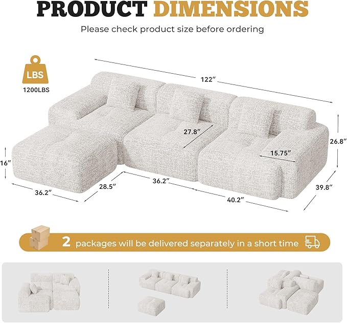 122" Modern L Shaped Modular Sectional Sofa, Boneless Couches for Living Room with Ottoman,4 Seater Convertible Chenille Cloud Couch Sofa Set, No Assembly Required, Beige 1 PCS-HomvellaHome