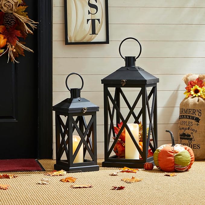 Glitzhome Modern Farmhouse Wooden Lantern Hanging Decorative Candle Lantern for Outdoor & Indoor Black Set of 2 (No Glass)-HomvellaHome
