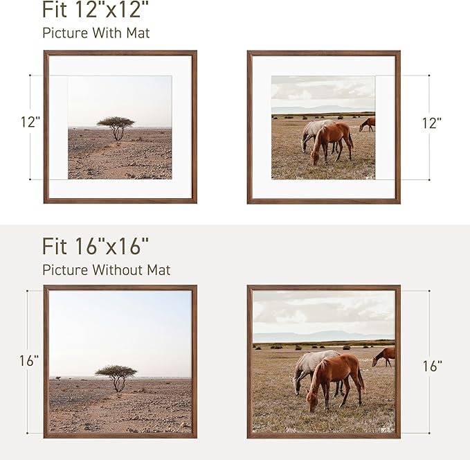16x16 Picture Frame Natural Solid Walnut Photo Frames with 12x12 Removable Mat Wall Hanging Large Handcrafted Frame with HD Plexiglass Wall and Tabletop Display Large Poster Frame-HomvellaHome