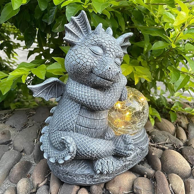 Garden Dragon Figurine Solar Powered Outdoor Cute Dragon with Hold Glowing Glass Ball Resin Sculpture for Porch Patio Lawn Farm Yard Home Decoration Gift for Women Housewarming-HomvellaHome