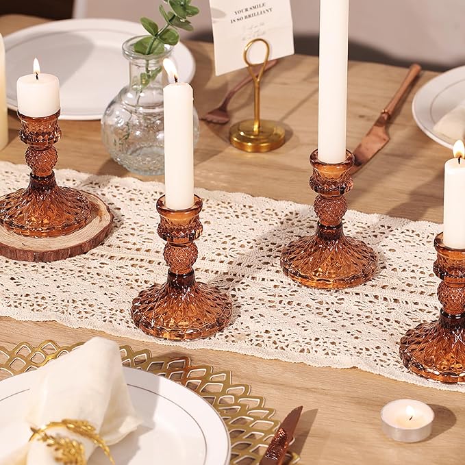 12Pcs Amber Candlestick Holders Set- 4" H Taper Candle Holders Bulk, Glass Candle Holders for Wedding, Party, Fall Dinner Table Centerpieces, Festival Gifts & Windowsill Decor-HomvellaHome
