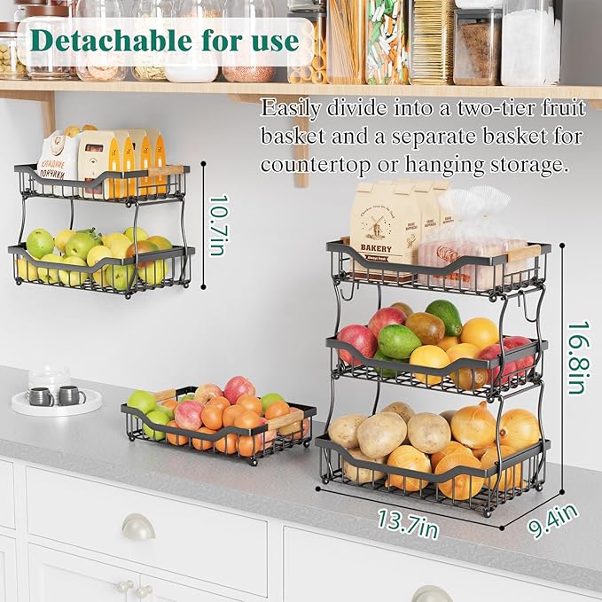 Giwil 3 Tier Countertop Fruit Basket for Kitchen, Vegetable Storage Bread Fruit Bowl Stand with 2 Banana Hooks, Wall Mounted Metal Wire Basket Organizer for Potato Onion, Black-HomvellaHome