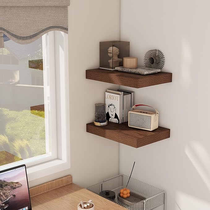 12 Inch Deep Floating Shelves, 16 x 12 Floating Shelf for Books, Rustic Wood Deep Wall Shelves for Home Storage & Display, 2" Thicked Shelves for Kitchen, Living Room, Bedroom, Walnut Color, 2 Pack-HomvellaHome