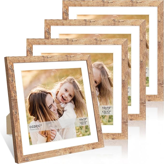 12x12 Picture Frame Set of 4, 12 x 12 Wood Photo Frames with Mat for 10x10 or 30x30cm Diamond Painting Art, Wooden Frame with Real Glass Cover for Wall and Tabletop Display,Brown-HomvellaHome
