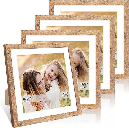 12x12 Picture Frame Set of 4, 12 x 12 Wood Photo Frames with Mat for 10x10 or 30x30cm Diamond Painting Art, Wooden Frame with Real Glass Cover for Wall and Tabletop Display,Brown-HomvellaHome
