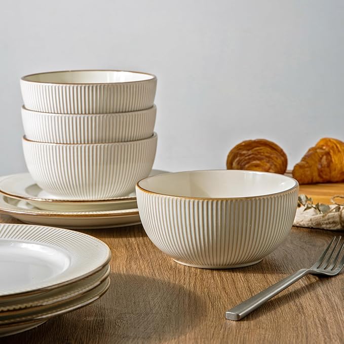 GBHOME Ceramic Dinnerware Sets,12 pcs Embossed Elegant Stoneware Plates and Bowls Sets, Housewarming Wedding Gift | Dishwasher & Microwave Safe | Dishes Set Service for 4-HomvellaHome