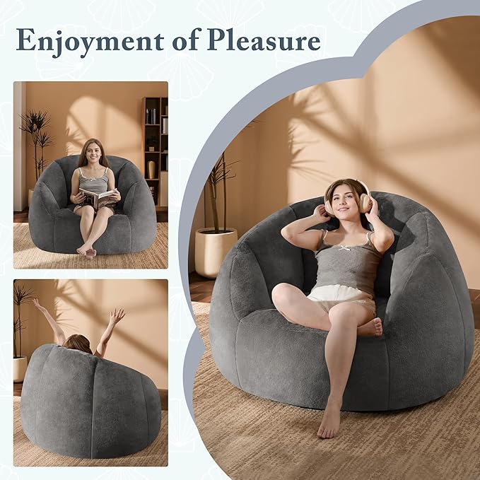 Giant Bean Bag Chair for Adults - Comfy Plush Round Shell Soft Accent Chair, Oversized Cozy Lounge Floor Sofa Reading Chair, Mini Couch for Living Room, Bedroom & Game Rooms, Gray-HomvellaHome