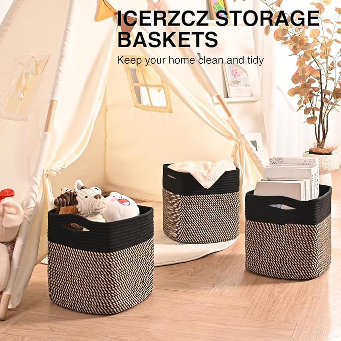 11 Inch Cube Storage Bins, Storage Cube Organizer Bins, Woven Cotton Rope Baskets for Storage, Storage Basket for Organizing Shelves, Square Baskets for Toys Nursery, Black & Jute (Pack of 3)-HomvellaHome