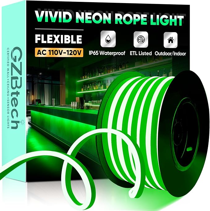 GZBtech Flexible LED Neon Rope Lights 33FT,AC 110-120V Waterproof Strip Light, 120 LEDs/M Cuttable Connectable Neon Lighting for Indoor Outdoor Home Decor/Commercial Building Use-Green 10M-HomvellaHome