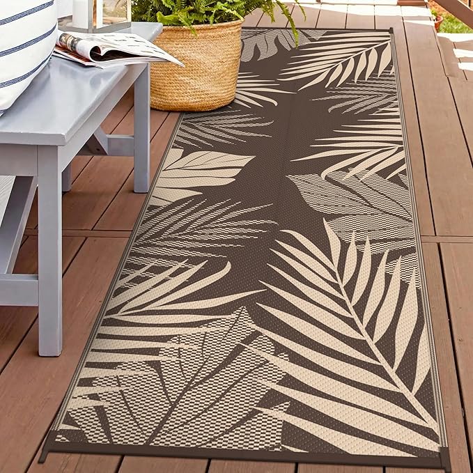 GENIMO Outdoor Rug 2.5' x 8' Waterproof for Patios Clearance, Reversible Outdoor Plastic Straw Camping Rug Carpet, Large Area Rugs Mats for RV, Camper, Deck, Balcony, Porch, Beach, Coffee&Beige-HomvellaHome