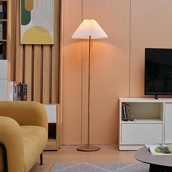 GLOBE Electric 61000053 62" Floor Lamp, Wood-Toned Finish, Pleated Fabric Shade, Pull Chain Switch, Reading Light, E26 Base, Modern Classic Lighting for Living Rooms and Bedrooms-HomvellaHome