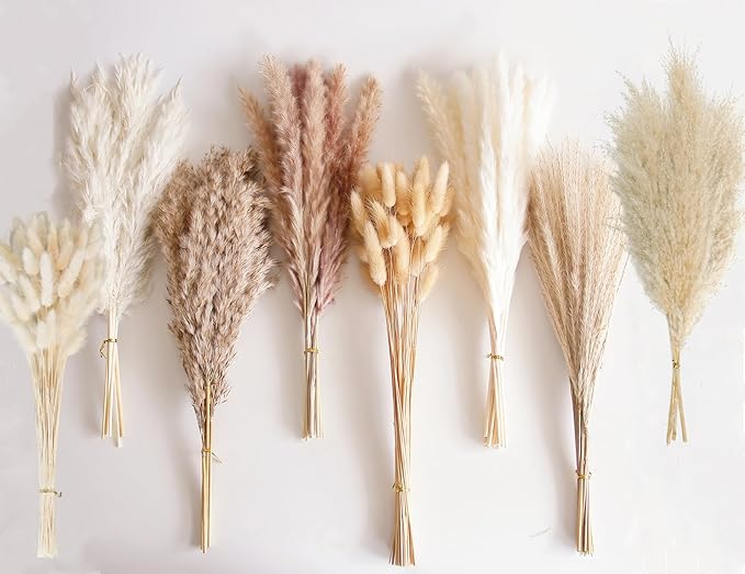 130 PCS Dried Pampas Grass Bouquet, Boho Table Decor, Bunny Tails Dried Flowers, Brown Pampas, Fluffy Pompas, White Pampas Grass for Weddings, Home Decor, Rustic Parties, and Baby Shower Decorations-HomvellaHome