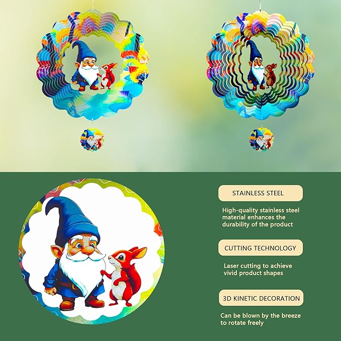 Gnomes Hanging Wind Spinners,12 Inch 3D Garden Spinner Kinetic Art Garden Decorations，Stainless Steel Reflective Wind Spinners for Yard-HomvellaHome