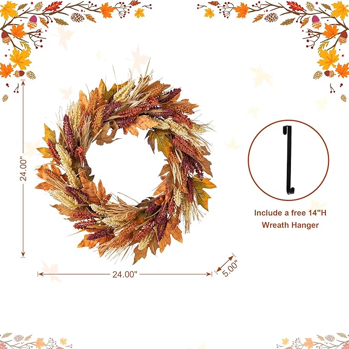 Glitzhome 24" D Fall Sorghum Wreath with Metal Hanger, Harvest Wreath for Front Door, Fall Door Wreaths for Indoor Outdoor Thanksgiving Harvest Holiday Decorations-HomvellaHome