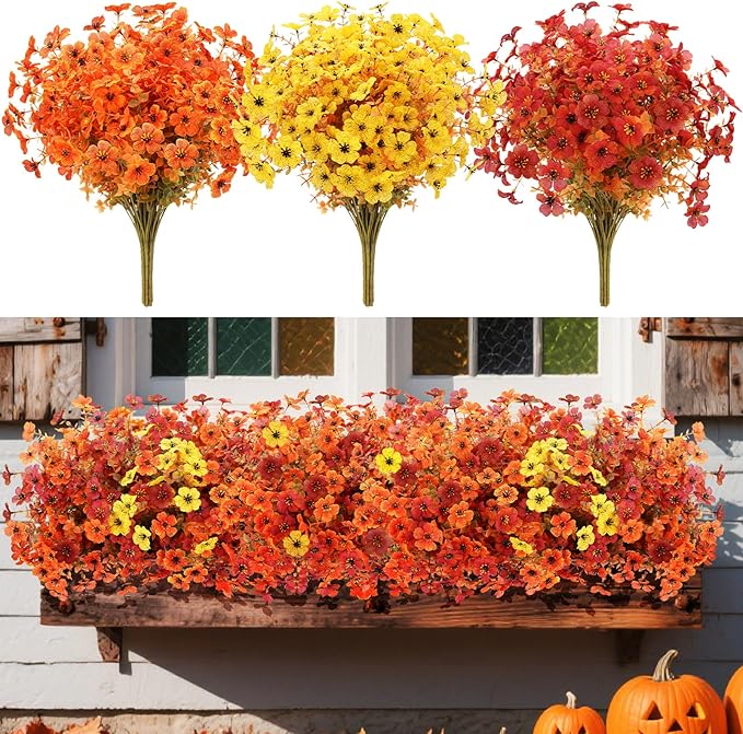 12 Bundles Artificial Fall Flowers Faux Mums for Outdoor Indoor, Artificial Plants Daisy Faux Plants Fake Mums for Fall Decor Pots Patio Garden Porch Autumn (Orange，Brown，Yellow) (12)-HomvellaHome
