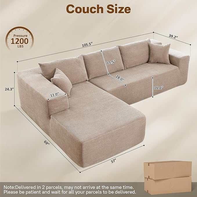 104" Cloud Sectional Couches for Living Room,L Shaped Boneless Couch in A Box,Sleeper Sofa with Comfy Chaise No Assembly Required,Camel-HomvellaHome