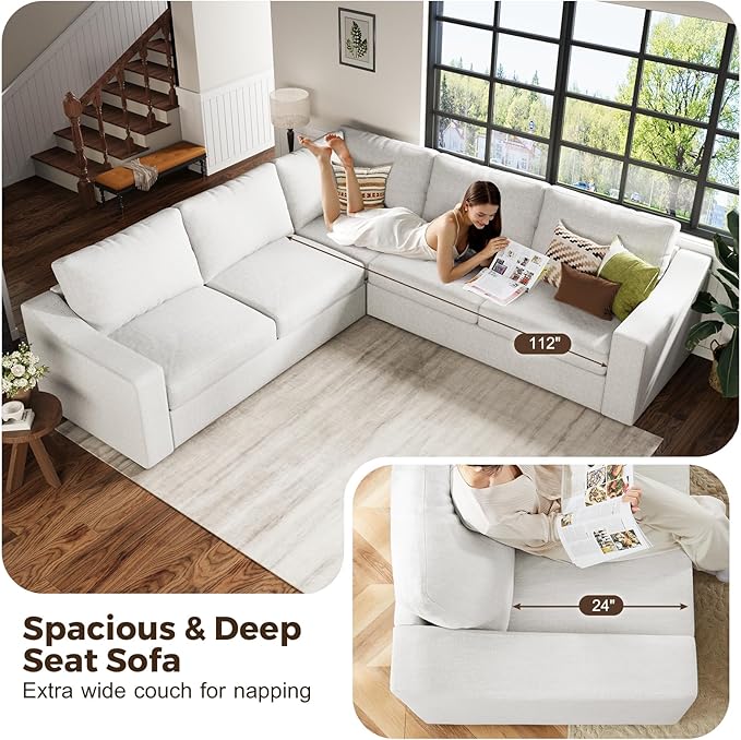 112" Modular Sectional Sofa, Large 7 Seater L Shaped Couch with Detachable Sofa Cover, Movable Ottoman, Deep Seat Corner Couch for Living Room, Apartment - Linen Fabric, Ivory-HomvellaHome