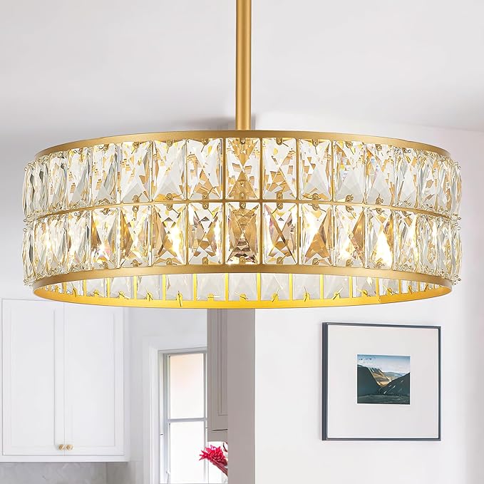 16” 4-Light Modern Crystal Chandeliers Gold Dinning Room Light Fixture, Round Pendant Light Kitchen Island Chandelier, Flush Mount Ceiling Light for Living Room Entryway Bedroom Foyer-HomvellaHome