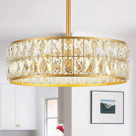 16” 4-Light Modern Crystal Chandeliers Gold Dinning Room Light Fixture, Round Pendant Light Kitchen Island Chandelier, Flush Mount Ceiling Light for Living Room Entryway Bedroom Foyer-HomvellaHome